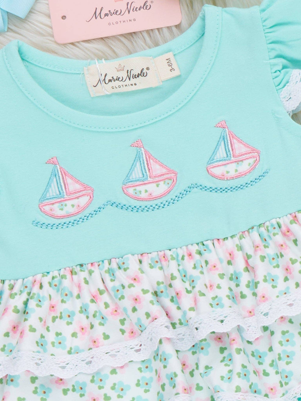 Little Sailboats Embroidered Lace Ruffle Bubble Romper