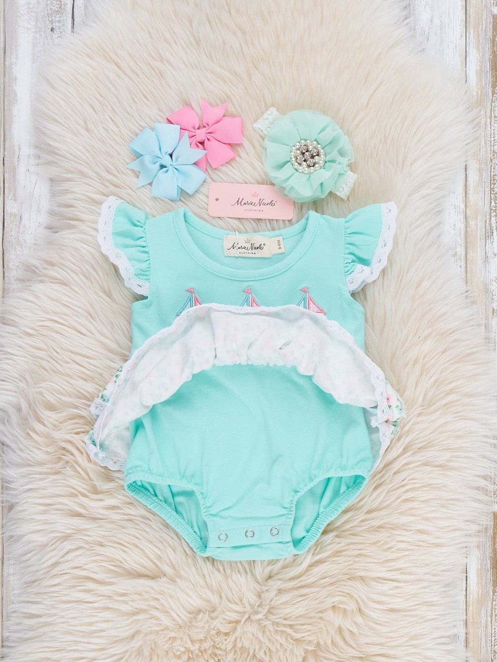Little Sailboats Embroidered Lace Ruffle Bubble Romper