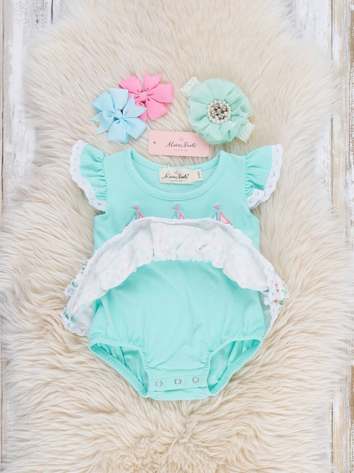 Little Sailboats Embroidered Lace Ruffle Bubble Romper