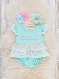 Little Sailboats Embroidered Lace Ruffle Bubble Romper