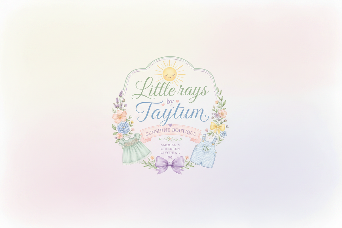 A decorative brand graphic for 'Little rays by Taytum Sunshine Boutique' featuring watercolor-style illustrations of a smiling sun, floral wreath, a mint green mock dress, blue striped overalls, and a purple bow on a white background.