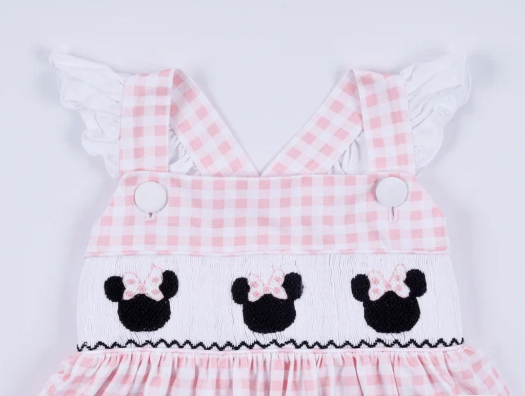 Pink Character Smocked Gingham Ruffle Dress