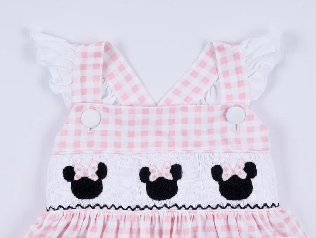 Pink Character Smocked Gingham Ruffle Dress