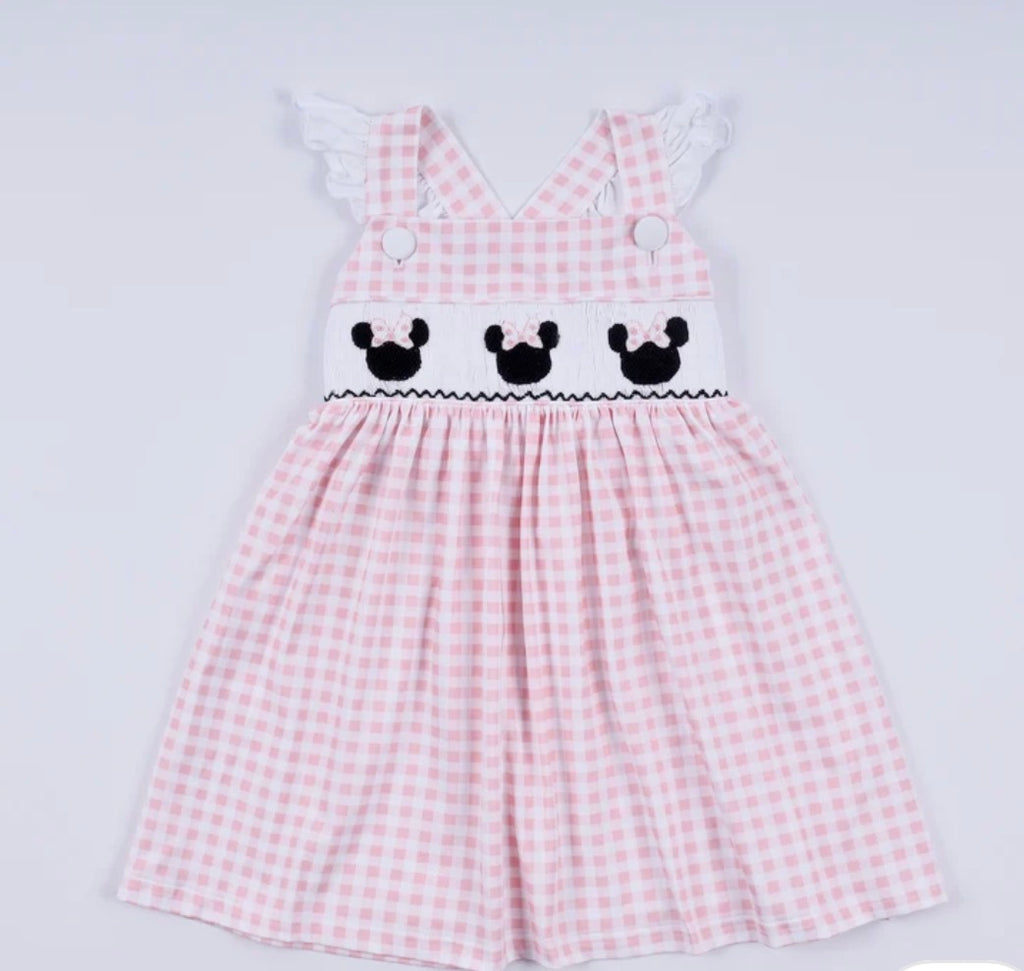 Pink Character Smocked Gingham Ruffle Dress