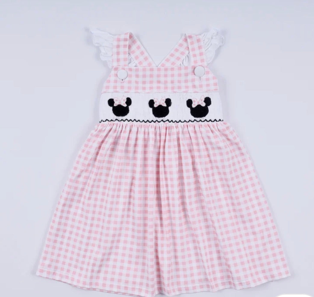 Pink Character Smocked Gingham Ruffle Dress